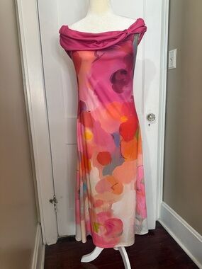 Off-Shoulder Pink Floral Watercolor Maxi Dress